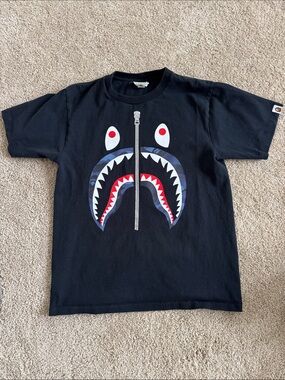 Bape Black Shark Mouth Graphic Tee with Red Accents